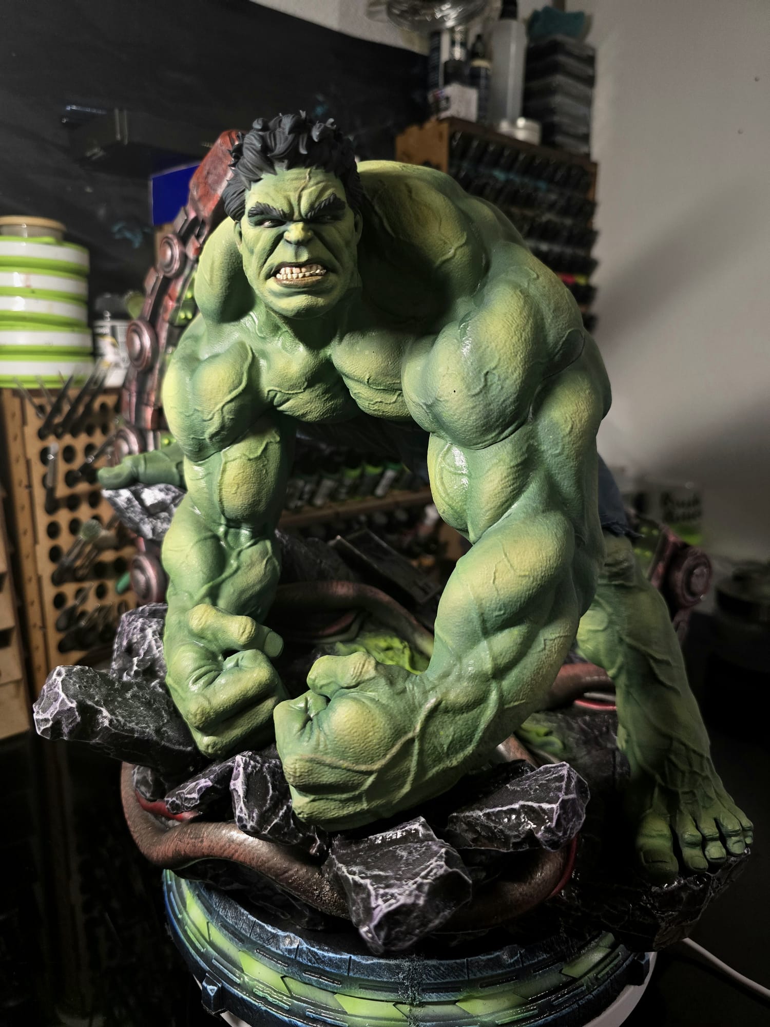 Hand-painted Hulk resin statue on a detailed rubble and machinery display base